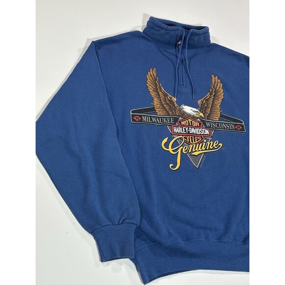 Vintage Harley Davidson 90s Quarter Zip Crewneck Blue Large Sweatshirt Milwaukee - Picture 7 of 15
